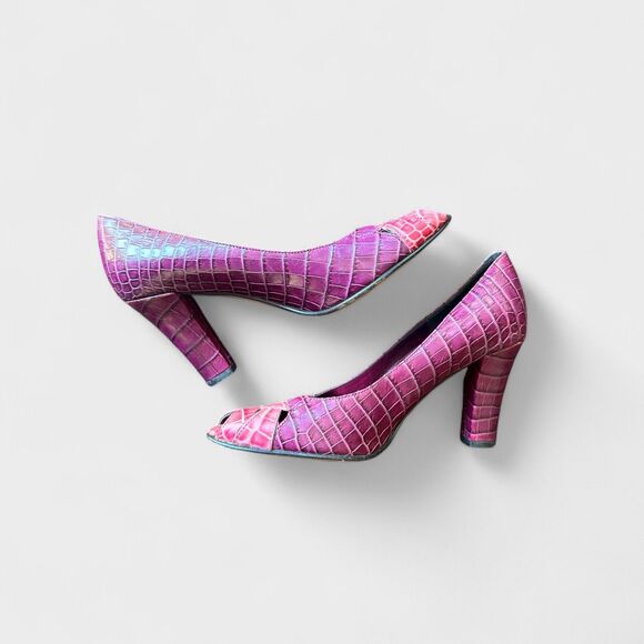 Vintage Isaac Mizrahi Vera Women’s Croc Peep Toe Heels Pink Faux Leather Sz 6 M - Picture 3 of 8